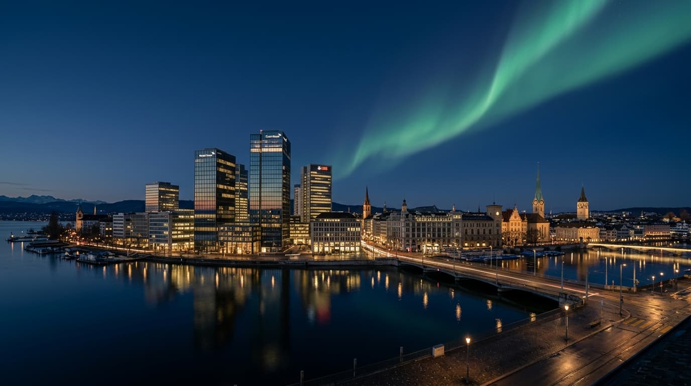 Schweizer Finanzskyline zur blauen Stunde mit Aurora-Lichtband