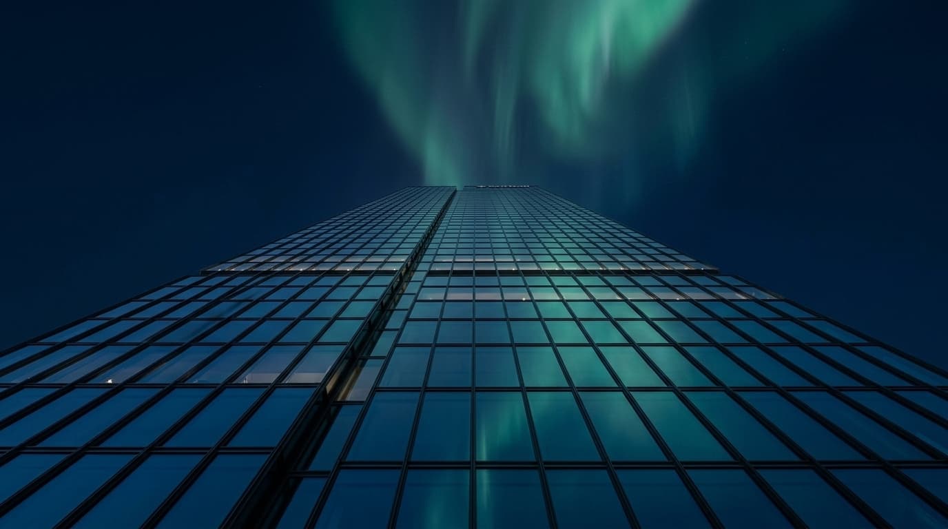 Moderne Glasfassade bei Nacht mit Aurora-Reflexen